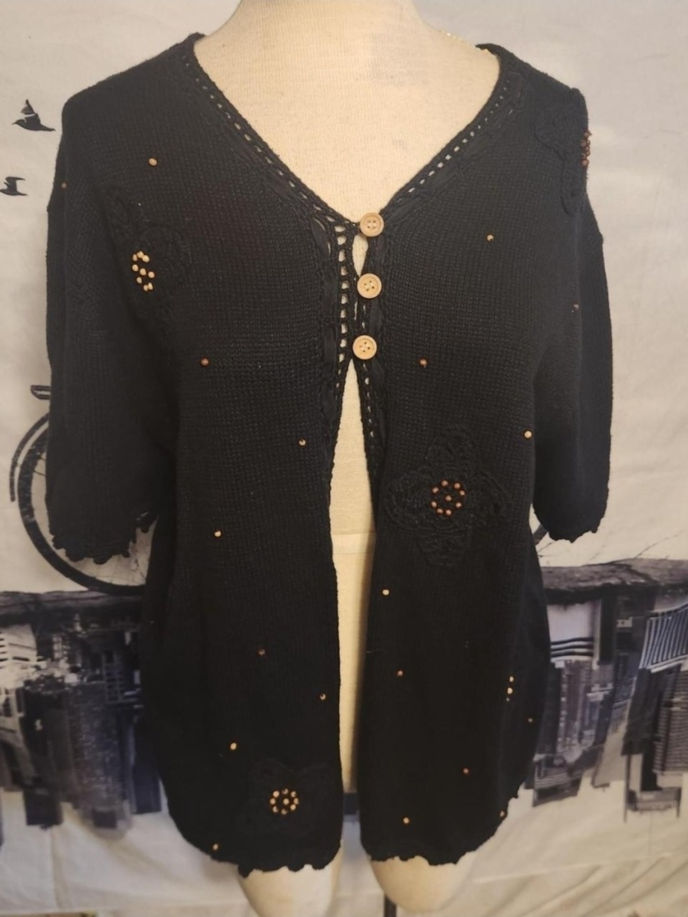 Passport Black Short-Sleeve Knit Cardigan with Wooden Buttons and Bead Accents